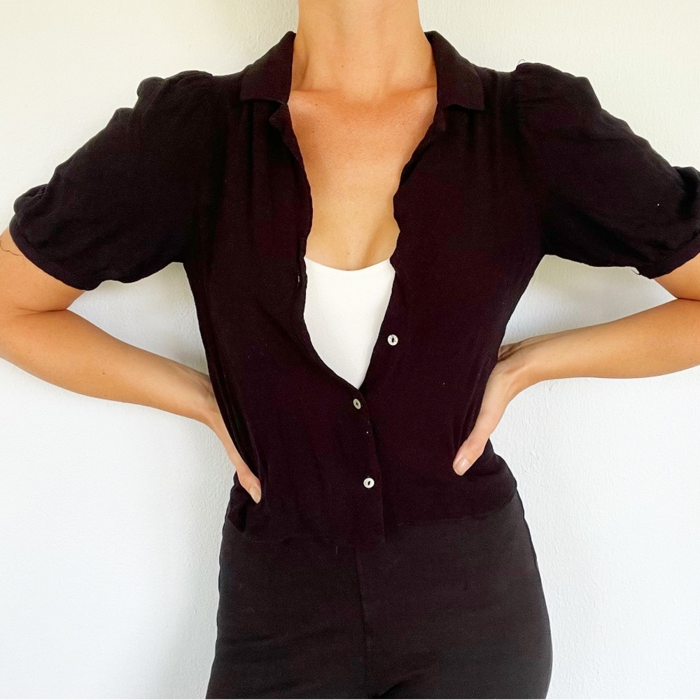 ZARA black puff sleeve casual lightweight button down blouse size XS